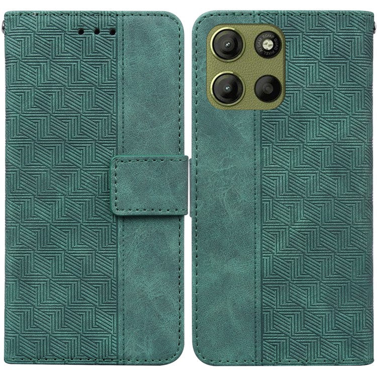 For Motorola Moto G15 4G Case Geometry Pattern Leather Wallet Phone Cover - Green