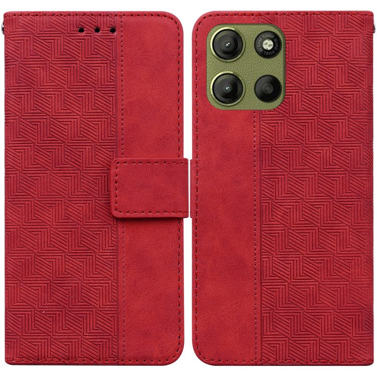 For Motorola Moto G15 4G Case Geometry Pattern Leather Wallet Phone Cover - Red