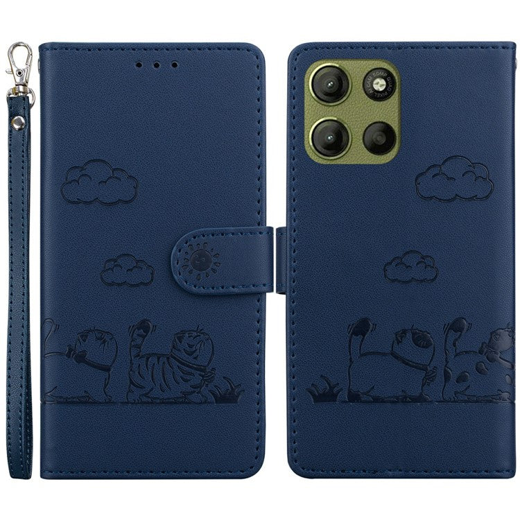 For Motorola Moto G15 4G Case RFID Blocking Kitten Pattern TPU+PU Leather Phone Cover - Blue