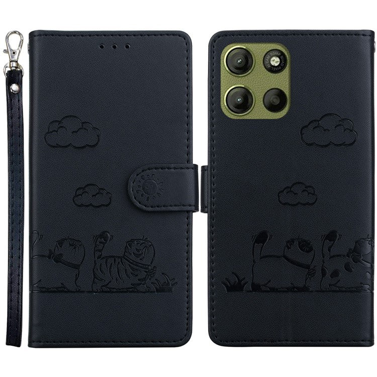 For Motorola Moto G15 4G Case RFID Blocking Kitten Pattern TPU+PU Leather Phone Cover - Black