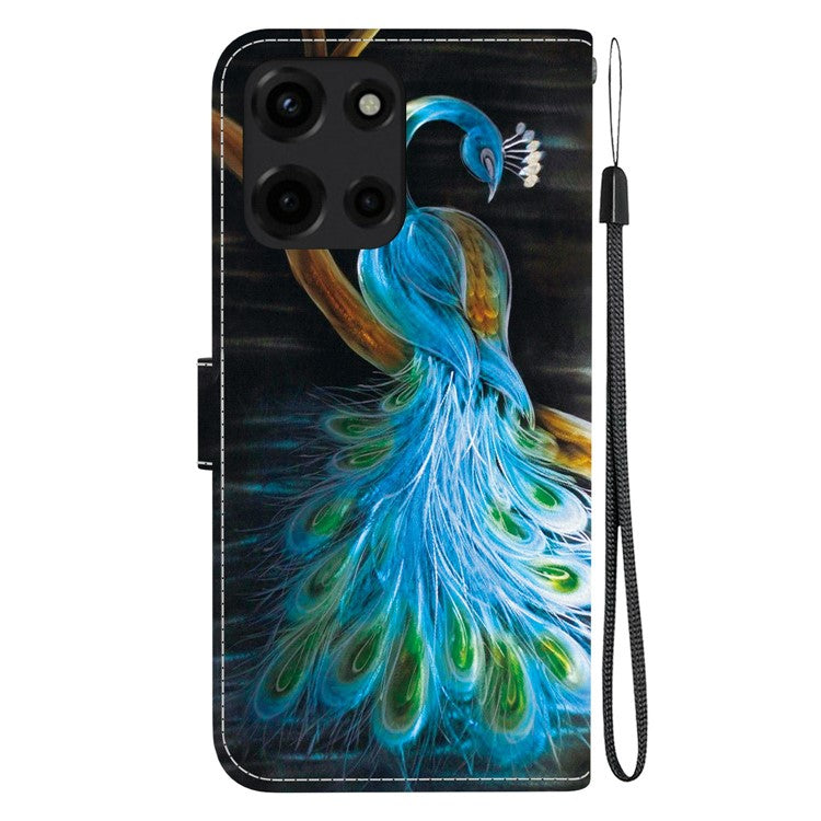 For Motorola Moto G 5G (2025) Case Pattern Printing Anti-Drop Leather Flip Wallet Phone Cover with Lanyard - Peacock