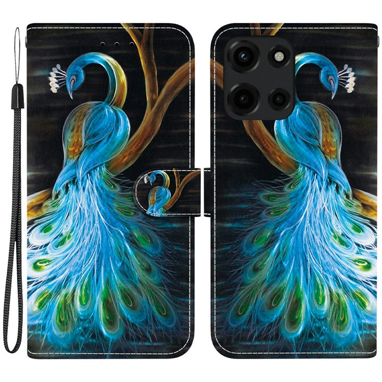 For Motorola Moto G Power (2025) Case Pattern Printing Anti-Drop Leather Flip Wallet Phone Cover with Lanyard - Peacock