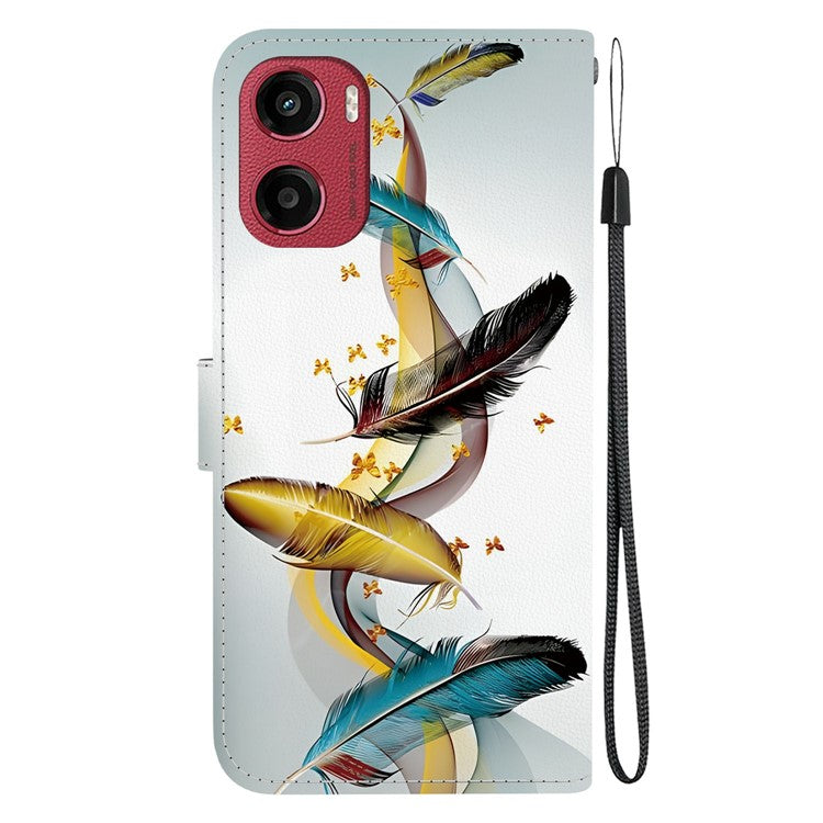 For Motorola Moto G05 4G / E15 4G Case Pattern Printing Anti-Drop Leather Flip Wallet Phone Cover with Lanyard - Golden Butterfly Feather