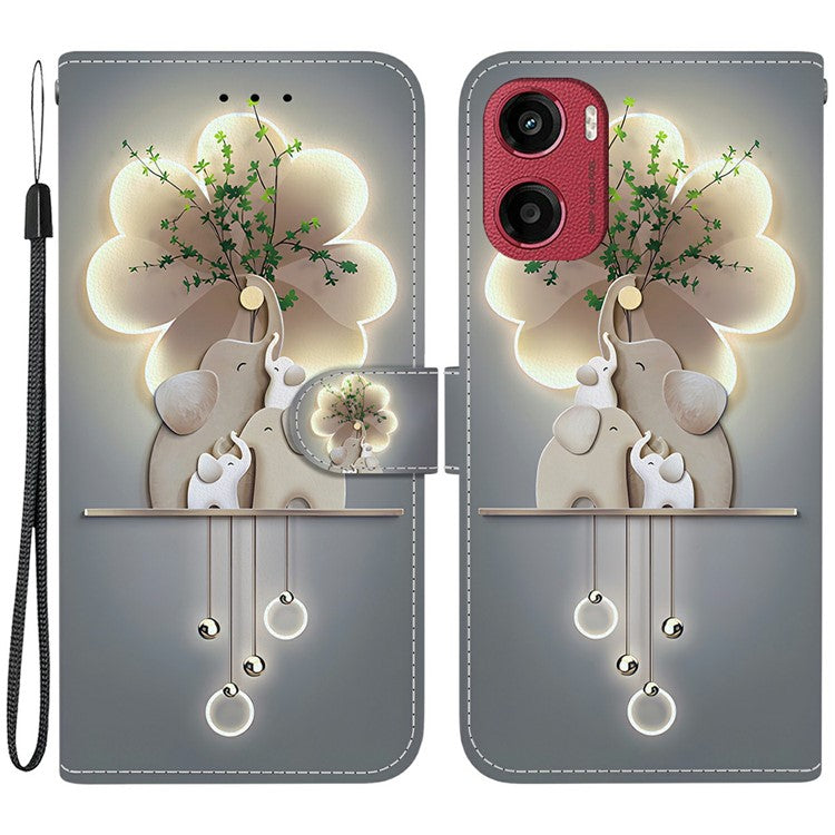 For Motorola Moto G05 4G / E15 4G Case Pattern Printing Anti-Drop Leather Flip Wallet Phone Cover with Lanyard - Three Elephants