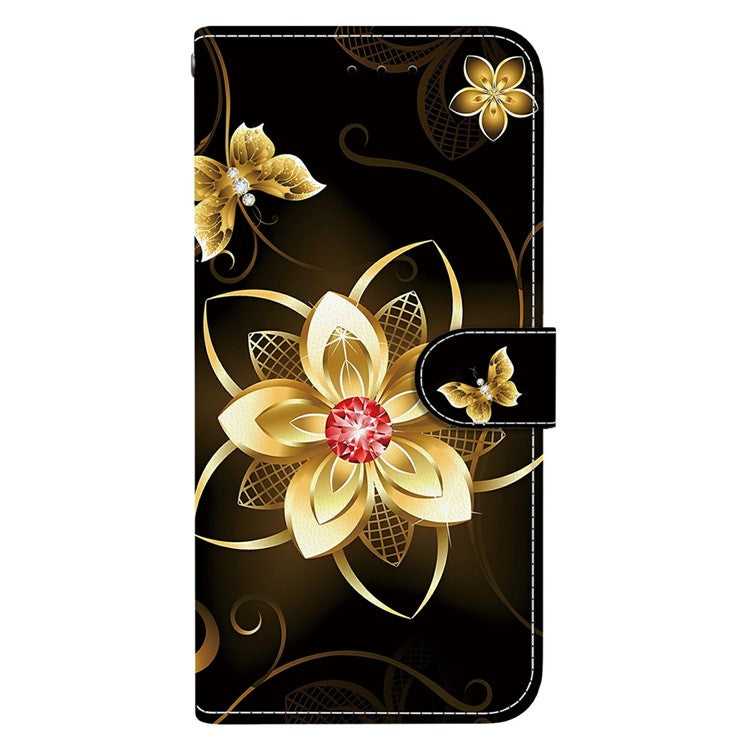 For Motorola Moto G05 4G / E15 4G Case Pattern Printing Anti-Drop Leather Flip Wallet Phone Cover with Lanyard - Golden Flower