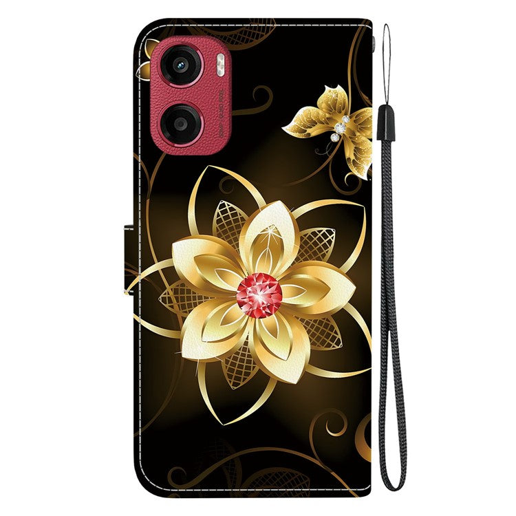 For Motorola Moto G05 4G / E15 4G Case Pattern Printing Anti-Drop Leather Flip Wallet Phone Cover with Lanyard - Golden Flower