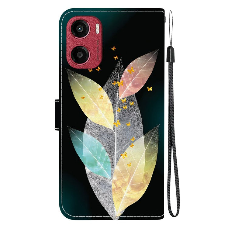 For Motorola Moto G05 4G / E15 4G Case Pattern Printing Anti-Drop Leather Flip Wallet Phone Cover with Lanyard - Colored Leaves