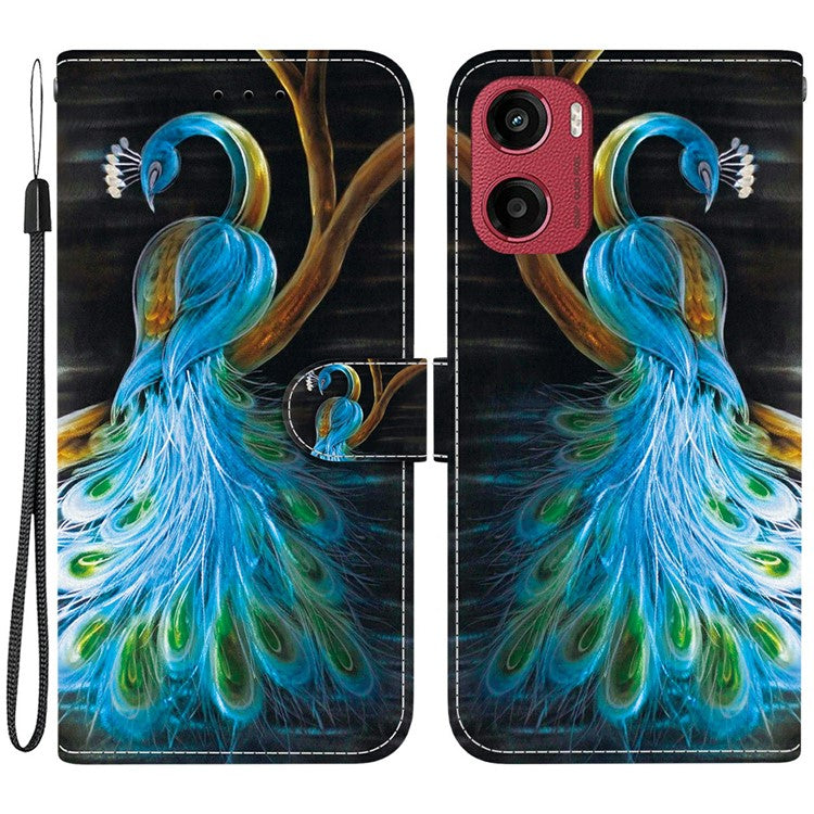 For Motorola Moto G05 4G / E15 4G Case Pattern Printing Anti-Drop Leather Flip Wallet Phone Cover with Lanyard - Peacock