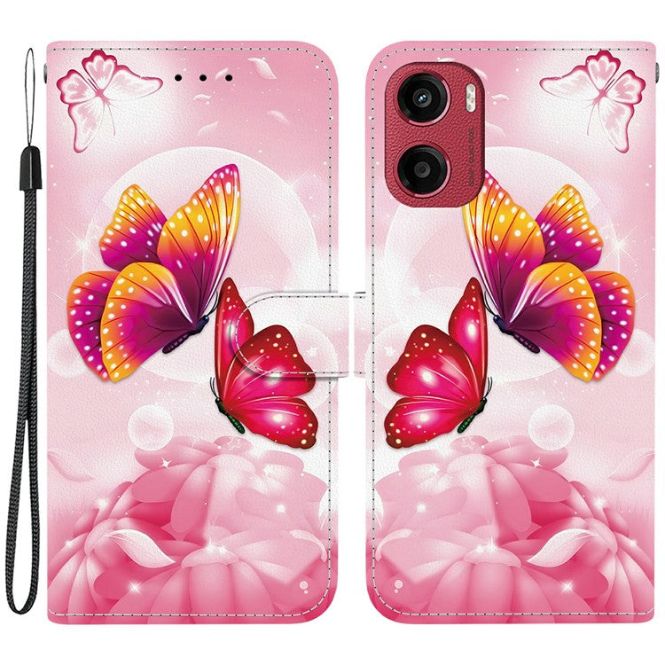 For Motorola Moto G05 4G / E15 4G Case Pattern Printing Anti-Drop Leather Flip Wallet Phone Cover with Lanyard - Pink Butterfly