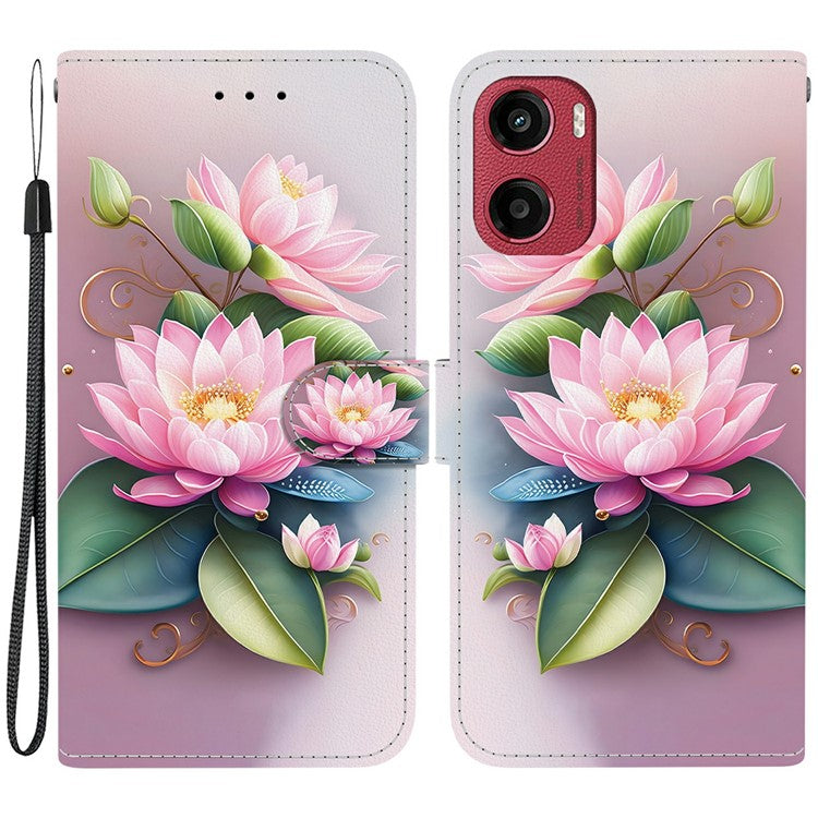 For Motorola Moto G05 4G / E15 4G Case Pattern Printing Anti-Drop Leather Flip Wallet Phone Cover with Lanyard - Lotus