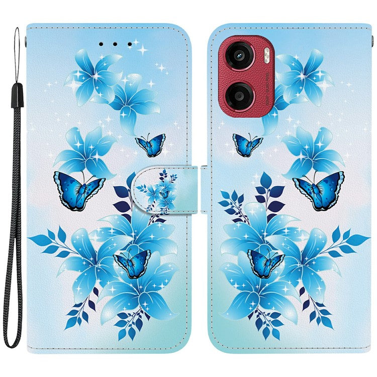 For Motorola Moto G05 4G / E15 4G Case Pattern Printing Anti-Drop Leather Flip Wallet Phone Cover with Lanyard - Blue Butterfly
