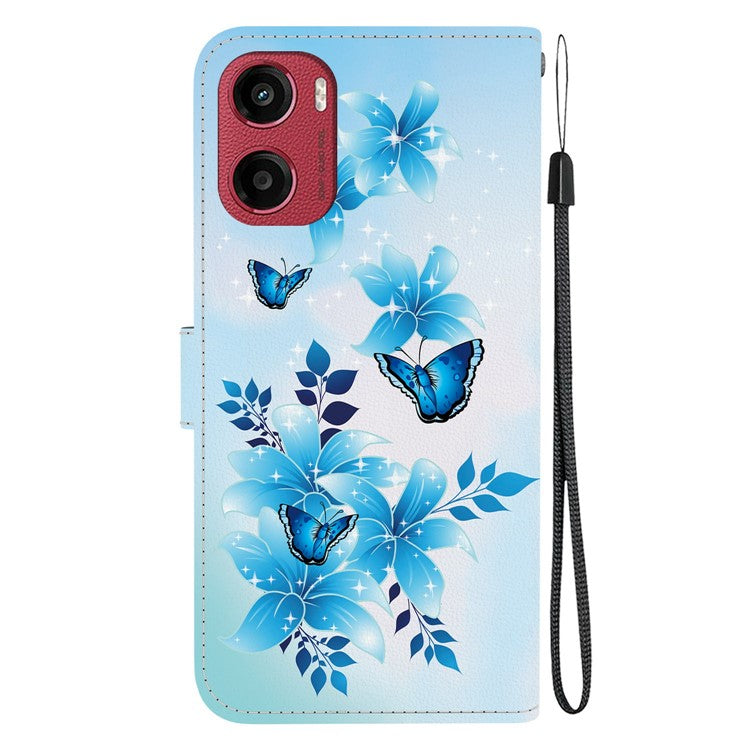 For Motorola Moto G05 4G / E15 4G Case Pattern Printing Anti-Drop Leather Flip Wallet Phone Cover with Lanyard - Blue Butterfly