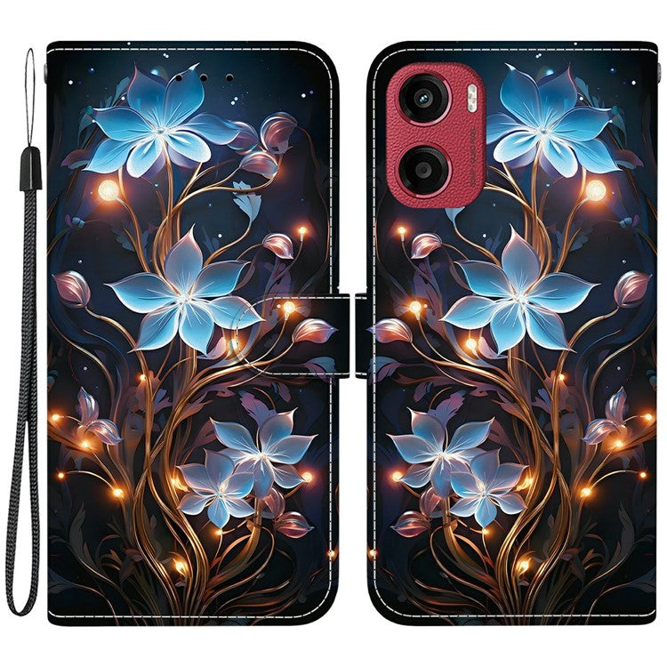 For Motorola Moto G05 4G / E15 4G Case Pattern Printing Anti-Drop Leather Flip Wallet Phone Cover with Lanyard - Small Lantern Flower