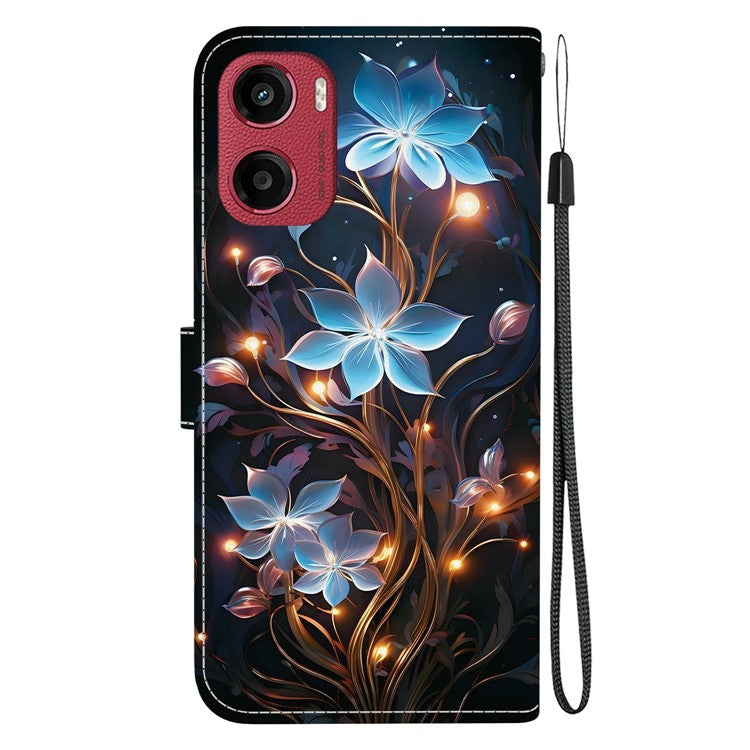 For Motorola Moto G05 4G / E15 4G Case Pattern Printing Anti-Drop Leather Flip Wallet Phone Cover with Lanyard - Small Lantern Flower