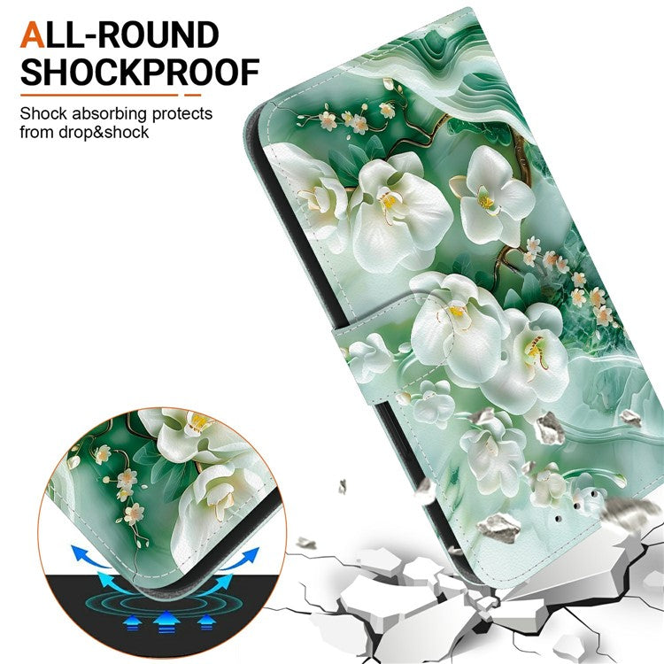 For Motorola Moto G05 4G / E15 4G Case Pattern Printing Anti-Drop Leather Flip Wallet Phone Cover with Lanyard - Jade Flower