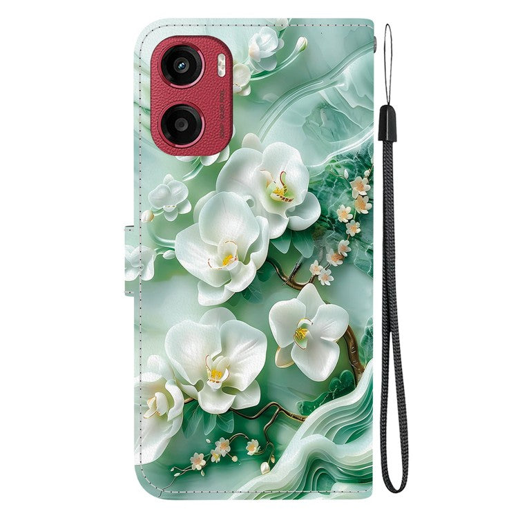 For Motorola Moto G05 4G / E15 4G Case Pattern Printing Anti-Drop Leather Flip Wallet Phone Cover with Lanyard - Jade Flower