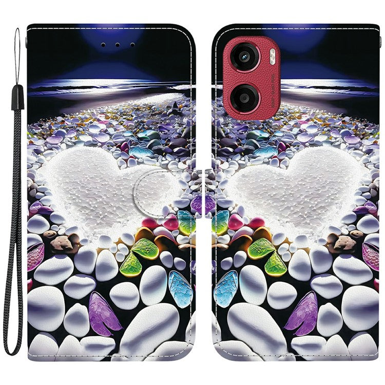 For Motorola Moto G05 4G / E15 4G Case Pattern Printing Anti-Drop Leather Flip Wallet Phone Cover with Lanyard - Heart Shape