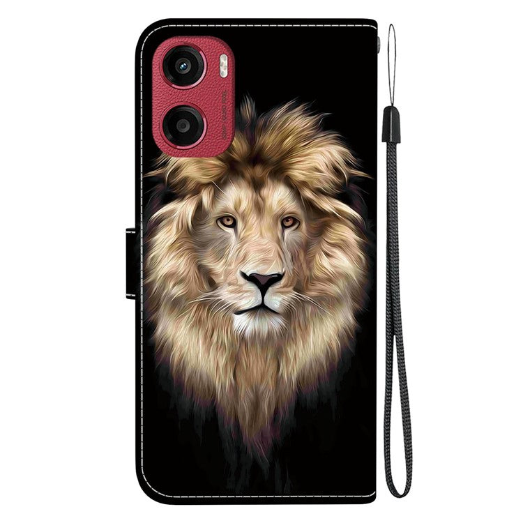 For Motorola Moto G05 4G / E15 4G Case Pattern Printing Anti-Drop Leather Flip Wallet Phone Cover with Lanyard - Lion Head