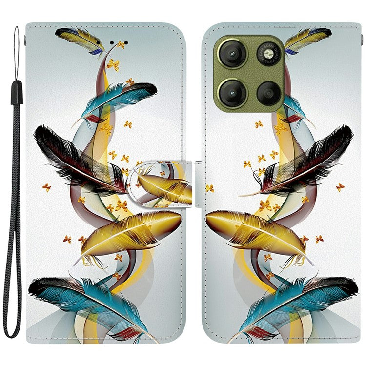 For Motorola Moto G15 4G Case Pattern Printing Anti Drop Leather Flip Wallet Phone Cover with Lanyard - Golden Butterfly Feather