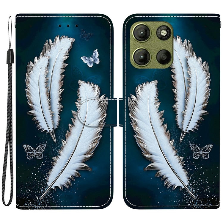For Motorola Moto G15 4G Case Pattern Printing Anti Drop Leather Flip Wallet Phone Cover with Lanyard - White Butterfly Feather