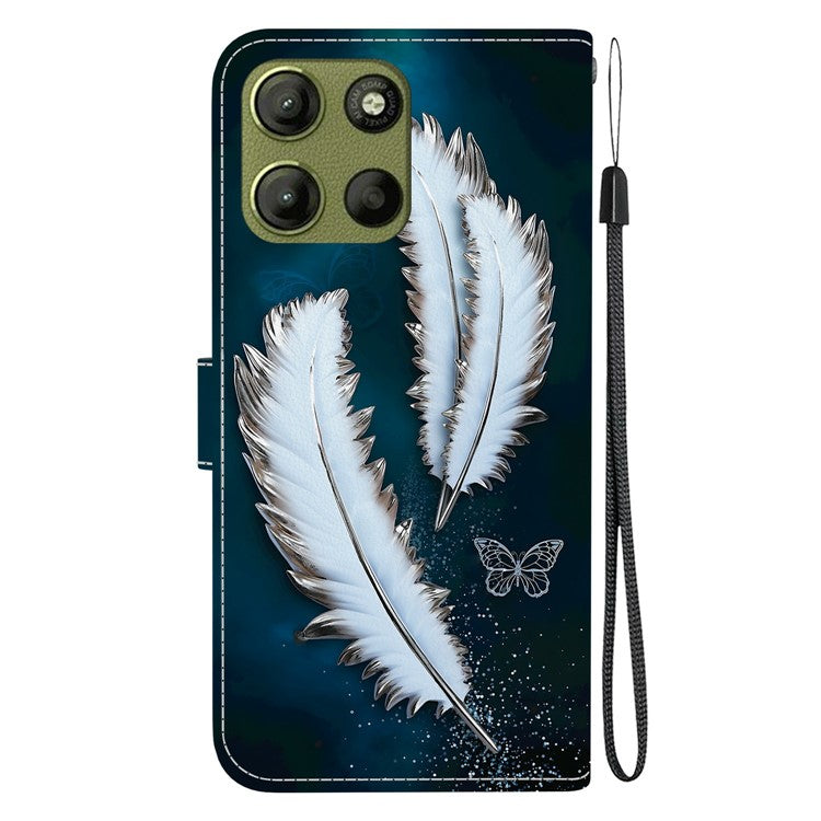 For Motorola Moto G15 4G Case Pattern Printing Anti Drop Leather Flip Wallet Phone Cover with Lanyard - White Butterfly Feather