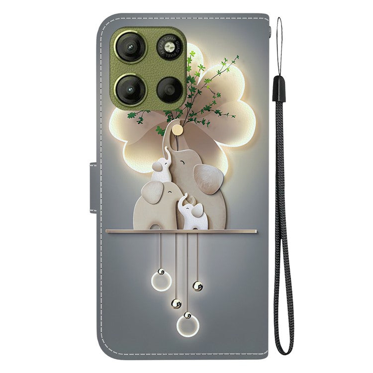 For Motorola Moto G15 4G Case Pattern Printing Anti Drop Leather Flip Wallet Phone Cover with Lanyard - Three Elephants
