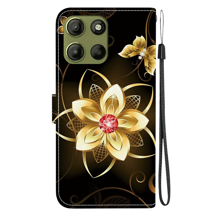 For Motorola Moto G15 4G Case Pattern Printing Anti Drop Leather Flip Wallet Phone Cover with Lanyard - Golden Flower