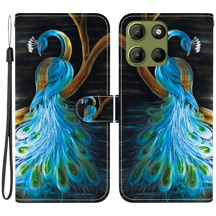 For Motorola Moto G15 4G Case Pattern Printing Anti Drop Leather Flip Wallet Phone Cover with Lanyard - Peacock