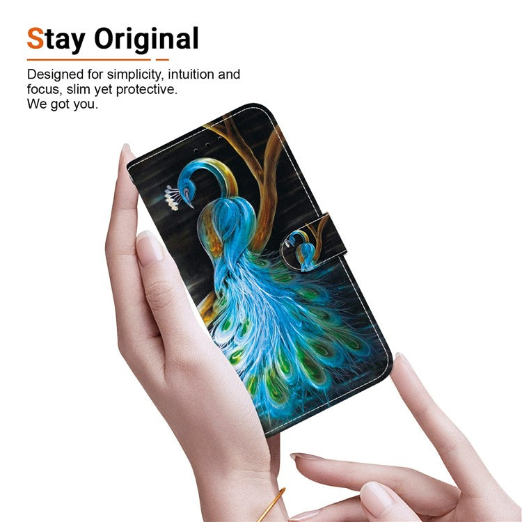For Motorola Moto G15 4G Case Pattern Printing Anti Drop Leather Flip Wallet Phone Cover with Lanyard - Peacock