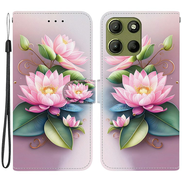 For Motorola Moto G15 4G Case Pattern Printing Anti Drop Leather Flip Wallet Phone Cover with Lanyard - Lotus