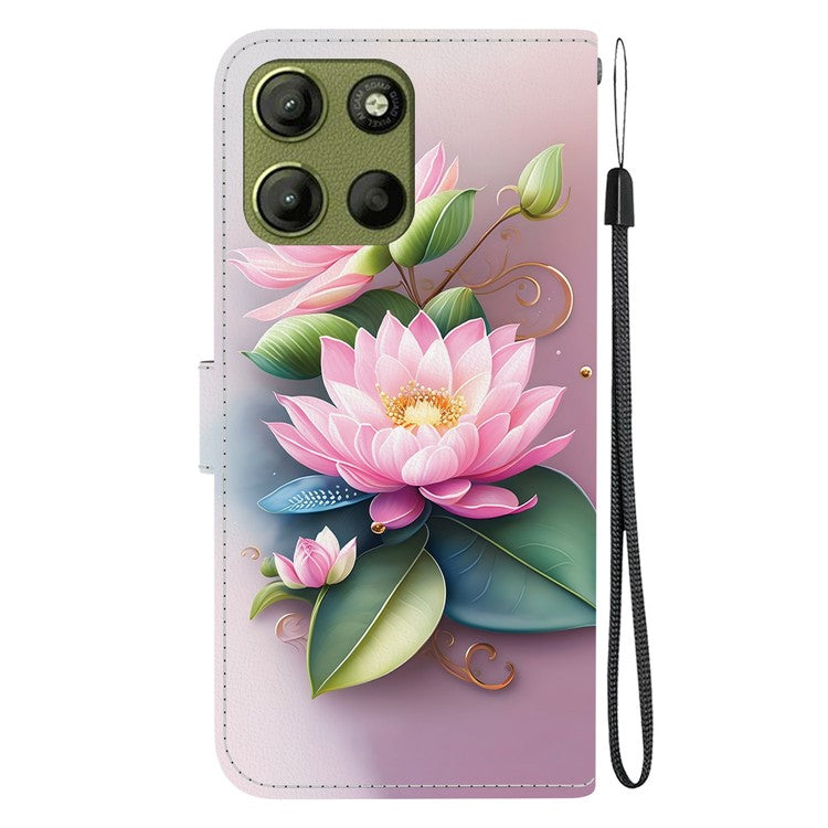 For Motorola Moto G15 4G Case Pattern Printing Anti Drop Leather Flip Wallet Phone Cover with Lanyard - Lotus