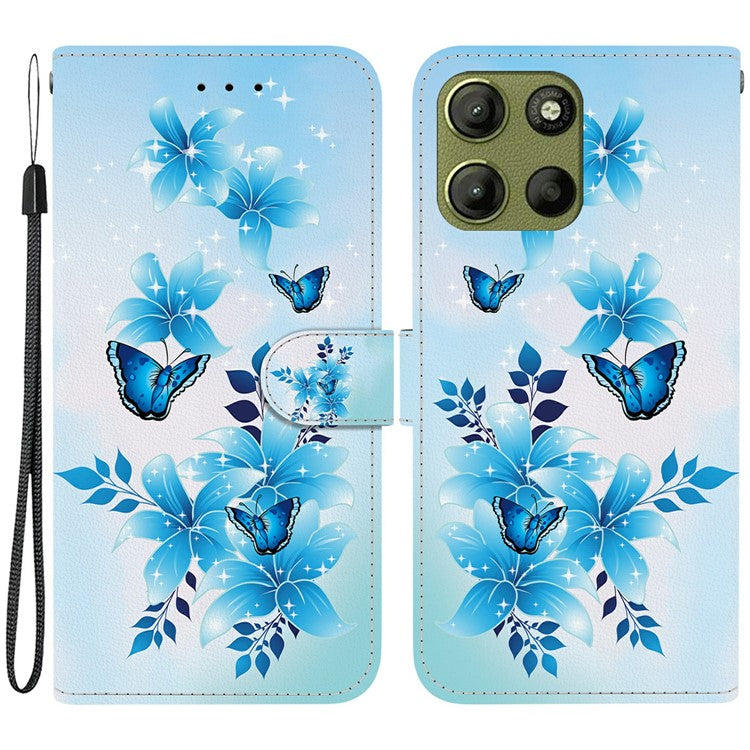 For Motorola Moto G15 4G Case Pattern Printing Anti Drop Leather Flip Wallet Phone Cover with Lanyard - Blue Butterfly
