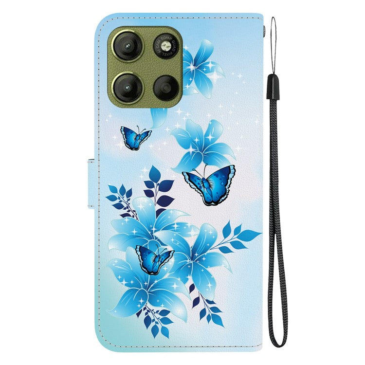For Motorola Moto G15 4G Case Pattern Printing Anti Drop Leather Flip Wallet Phone Cover with Lanyard - Blue Butterfly