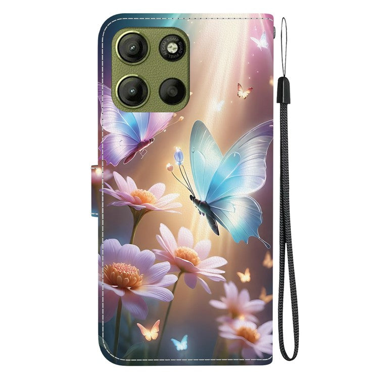 For Motorola Moto G15 4G Case Pattern Printing Anti Drop Leather Flip Wallet Phone Cover with Lanyard - Butterfly Floral