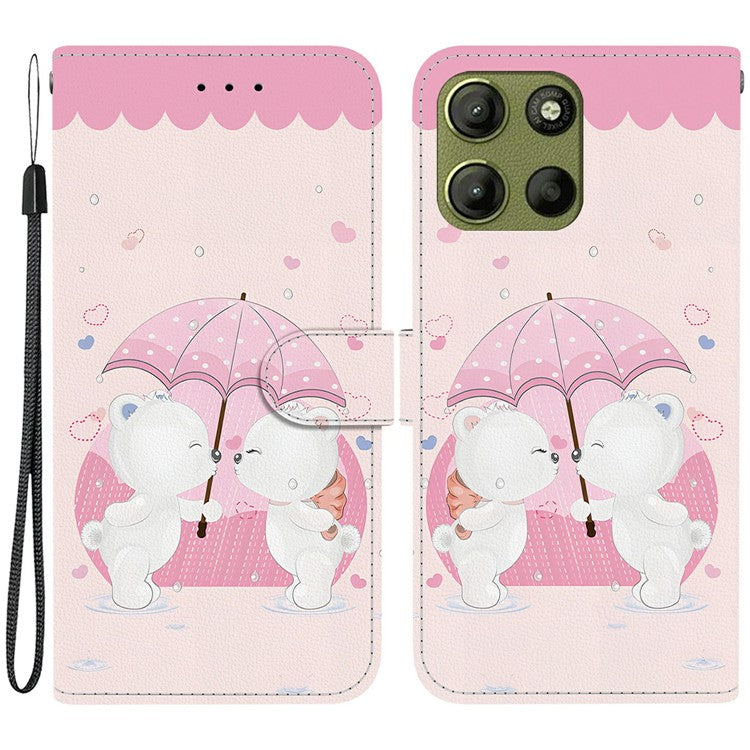 For Motorola Moto G15 4G Case Pattern Printing Anti Drop Leather Flip Wallet Phone Cover with Lanyard - Cartoon Couple Bear