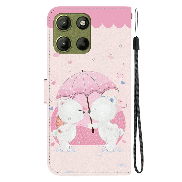 For Motorola Moto G15 4G Case Pattern Printing Anti Drop Leather Flip Wallet Phone Cover with Lanyard - Cartoon Couple Bear