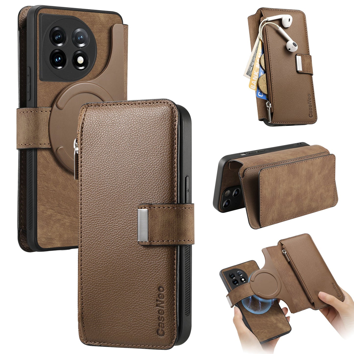 For OnePlus 11 5G CASENEO MW-02 Detachable Magnetic Leather Wallet Phone Cover - Brown