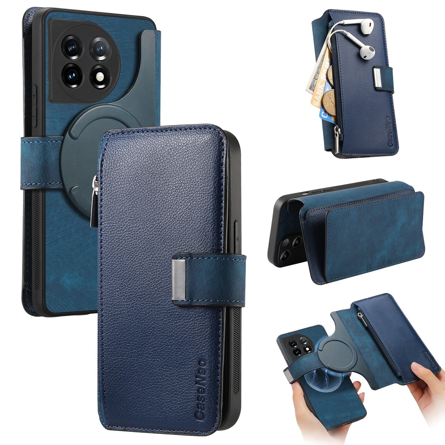 For OnePlus 11 5G CASENEO MW-02 Detachable Magnetic Leather Wallet Phone Cover - Dark Blue