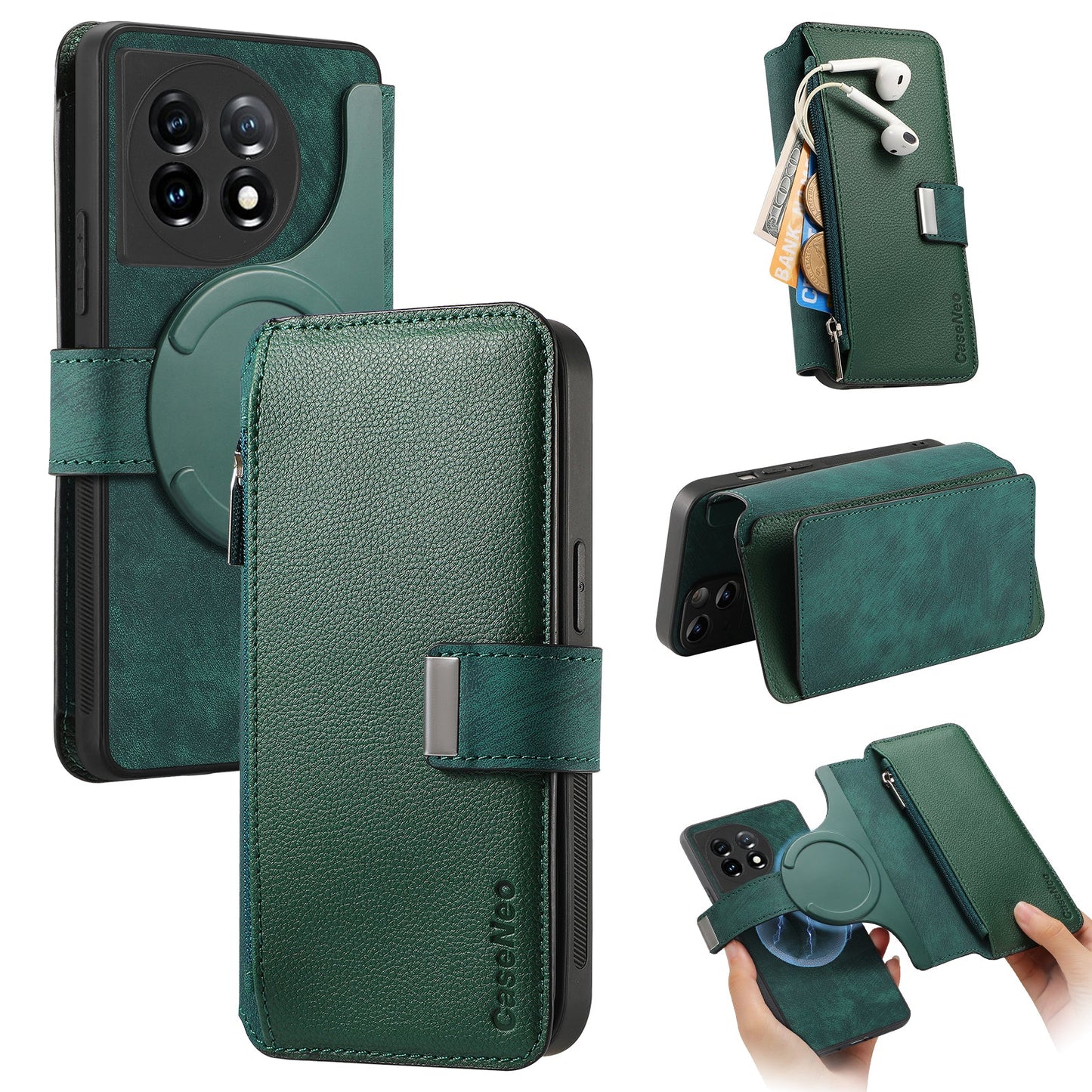 For OnePlus 11 5G CASENEO MW-02 Detachable Magnetic Leather Wallet Phone Cover - Green