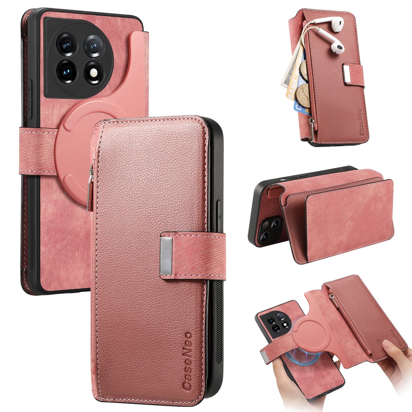 For OnePlus 11 5G CASENEO MW-02 Detachable Magnetic Leather Wallet Phone Cover - Pink