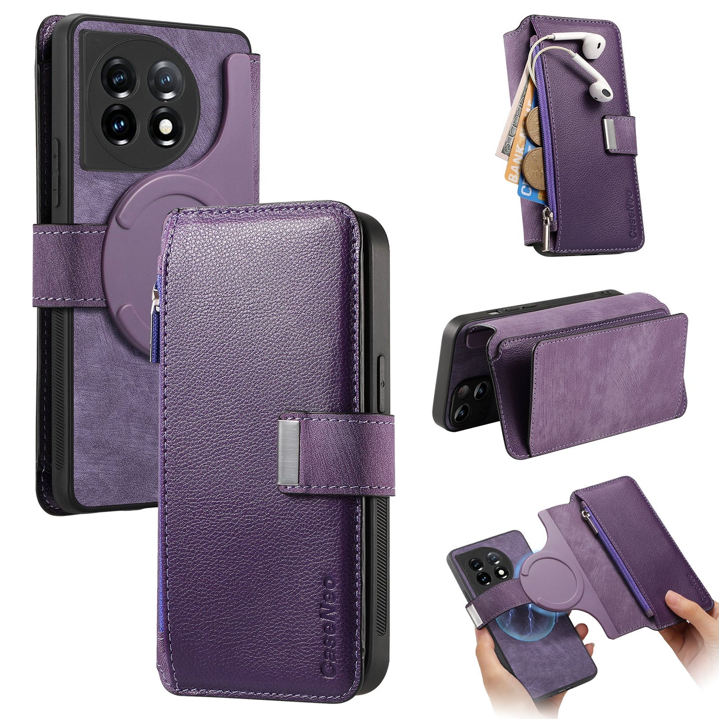 For OnePlus 11 5G CASENEO MW-02 Detachable Magnetic Leather Wallet Phone Cover - Purple