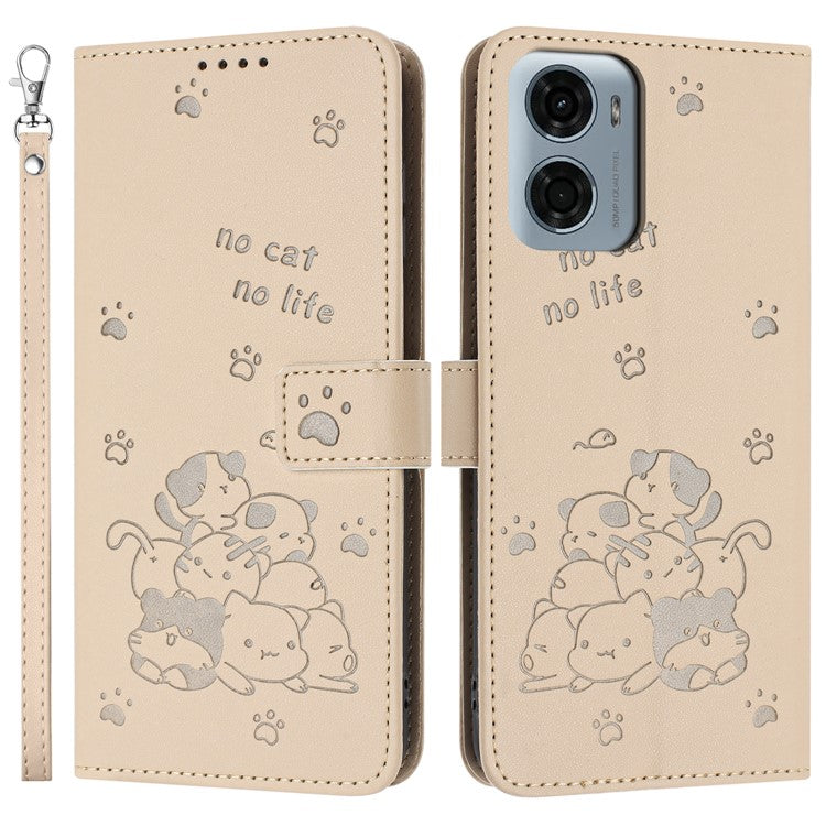 For Motorola Moto G05 4G Case with Strap Cats Imprint Leather Wallet Phone Cover - Beige