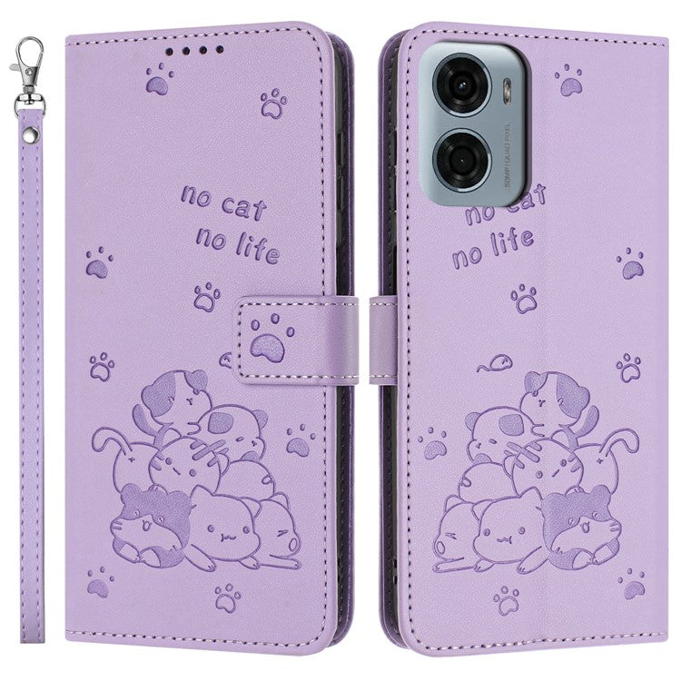 For Motorola Moto G05 4G Case with Strap Cats Imprint Leather Wallet Phone Cover - Purple