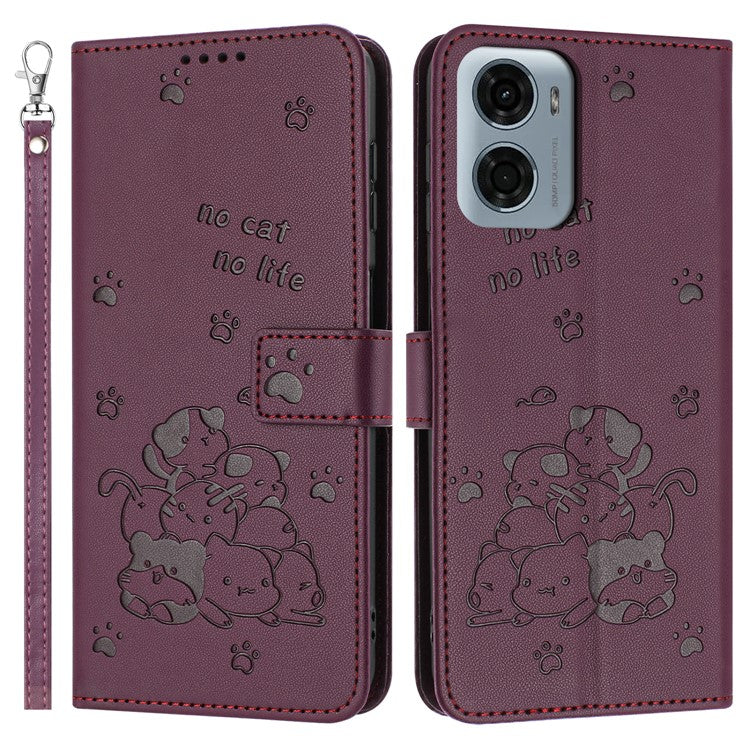 For Motorola Moto G05 4G Case with Strap Cats Imprint Leather Wallet Phone Cover - Wine Red