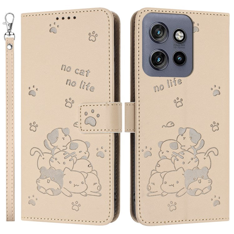 For Motorola Moto G15 4G Case with Strap Cats Imprint Leather Wallet Phone Cover - Beige