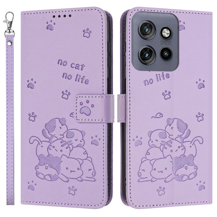 For Motorola Moto G15 4G Case with Strap Cats Imprint Leather Wallet Phone Cover - Purple