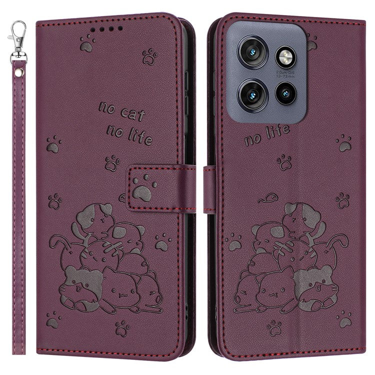 For Motorola Moto G15 4G Case with Strap Cats Imprint Leather Wallet Phone Cover - Wine Red