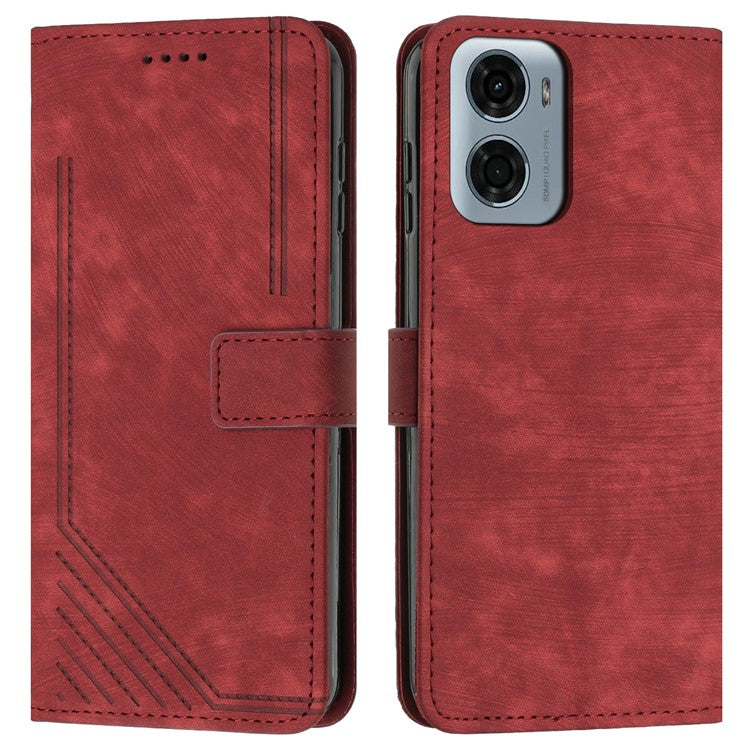 For Motorola Moto G05 4G Case Imprinted Lines Leather Phone Cover Folding Stand - Red