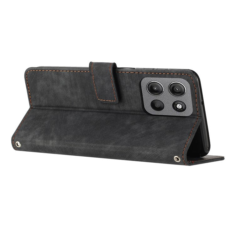 For Motorola Moto G15 4G Case Imprinted Lines Leather Phone Cover Folding Stand - Black