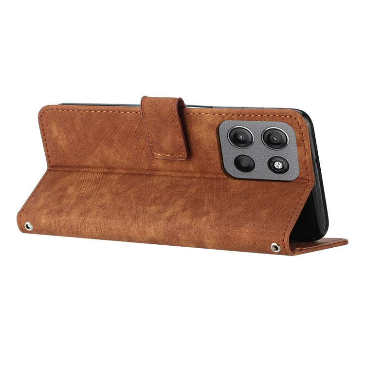 For Motorola Moto G15 4G Case Imprinted Lines Leather Phone Cover Folding Stand - Brown